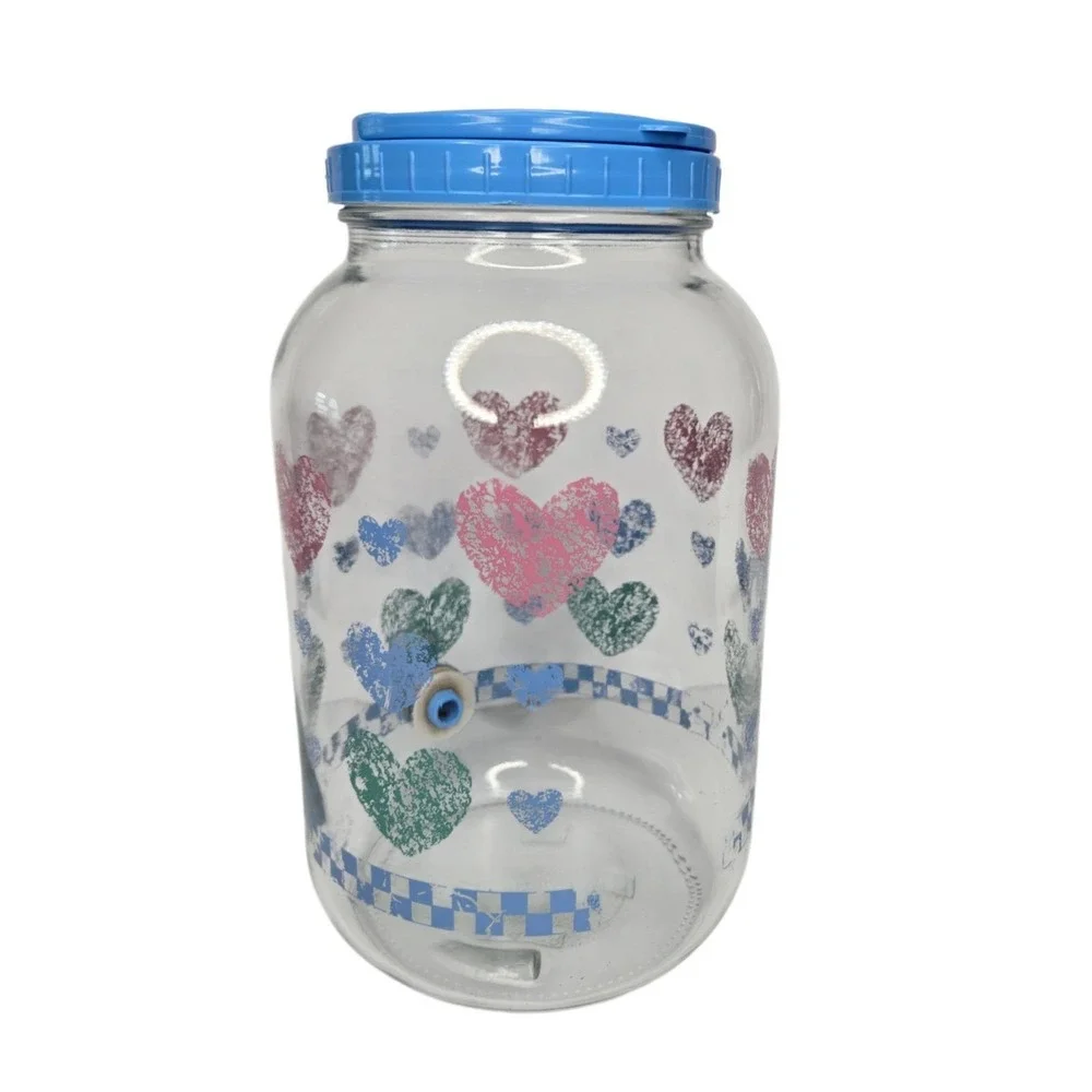 Country Hearts & Checkers Glass Sun Tea Jar W Blue Plastic Lid & Spigot Vtg 80s